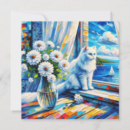 Gato blanco en el umbral de la ventana mirando hac