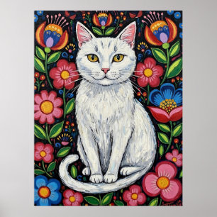 Gato blanco en flores coloridas del arte popular
