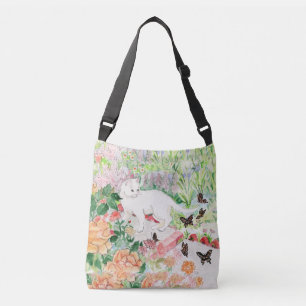 Gato blanco en una bolsa de cuerpo cruzado de jard