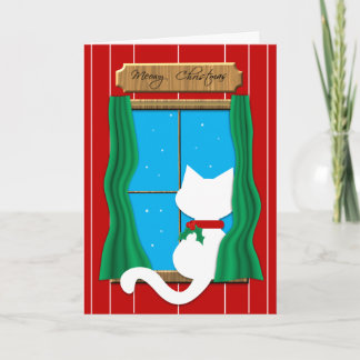 Gato blanco en ventana nevada - Tarjeta de Navidad