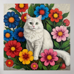 Gato blanco esponjoso y flores de arte popular