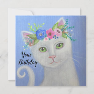 Gato blanco I Flor Crown Whimsical Art