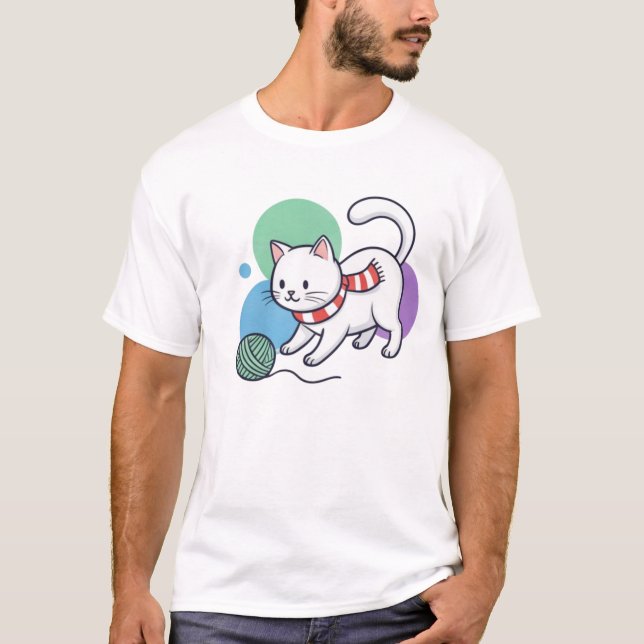 Gato Blanco Juguetón con Camiseta de Hilo (Anverso)