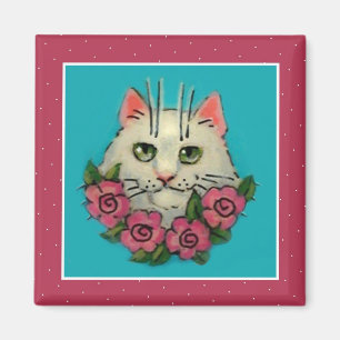 Gato blanco lindo, imán rosado de los rosas