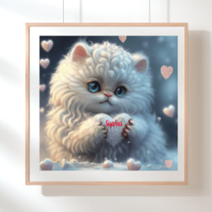 Gato blanco lindo sosteniendo arte personalizado d