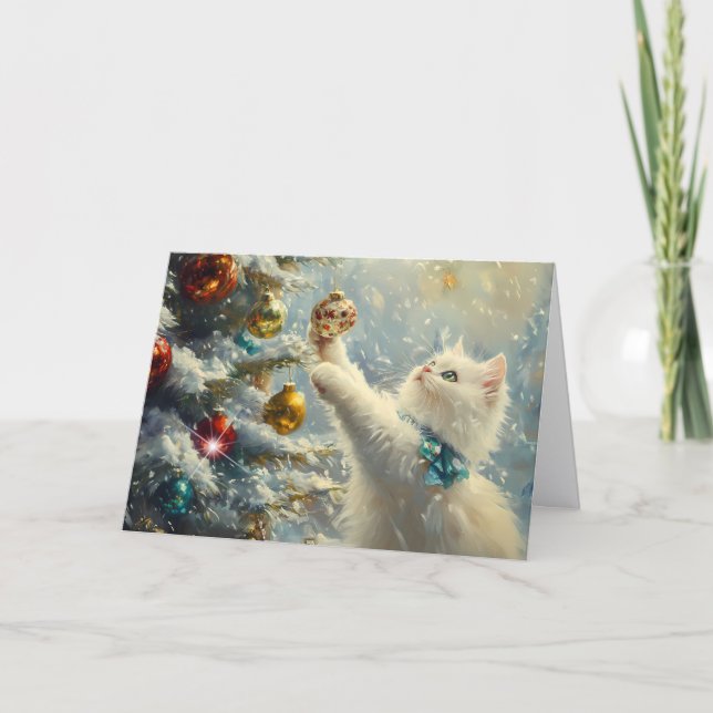 Gato blanco lindo y árbol de Navidad (Anverso)
