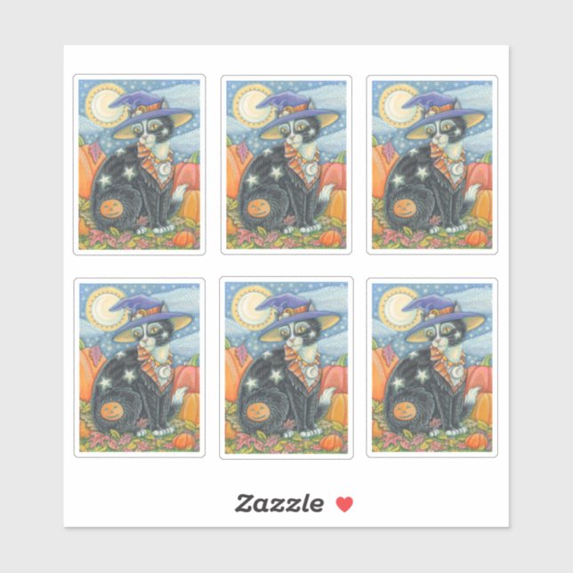 GATO BLANCO NEGRO CON PEGATINAS DE HALLOWEEN (Hoja)