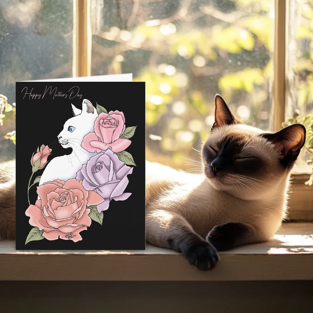 Gato blanco rosa Roza tarjeta del día de la madre (Subido por el creador)