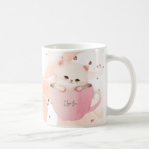 Gato blanco rosado en una taza de té