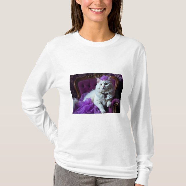 gato blanco sobre una camiseta de sillón morado (Anverso)