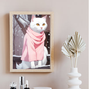 Gato Blanco Vestido Rosa Arte de Pared Manga Otoño