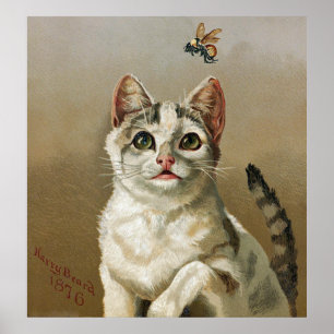 Gato blanco vintage con Poster de arte de abejas