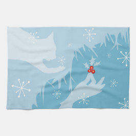 Gato blanco y holly, azul hielo, toalla de té