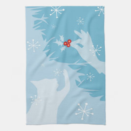 Gato blanco y holly, azul hielo, toalla de té