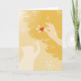 Gato blanco y Holly, en dorado, tarjeta de Navidad