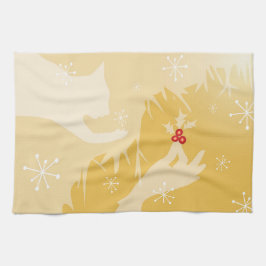 Gato blanco y holly, oro, toalla de té