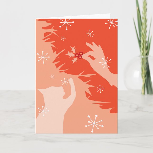 Gato blanco y holly, sandía, tarjeta de vacaciones (Anverso)