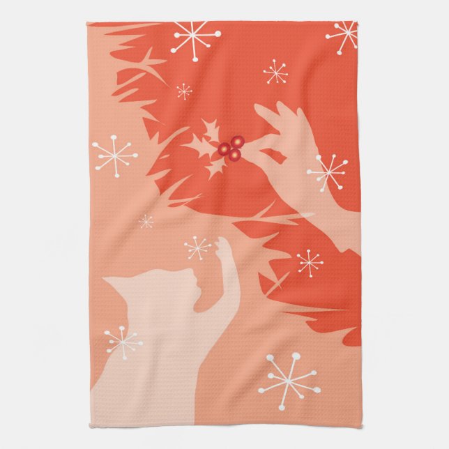 Gato blanco y holly, sandía, toalla de té (Vertical)