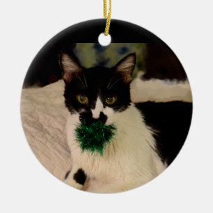 Gato blanco y negro con el ornamento de la bola