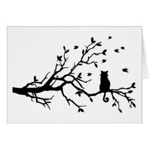 Gato blanco y negro con los pájaros en un árbol