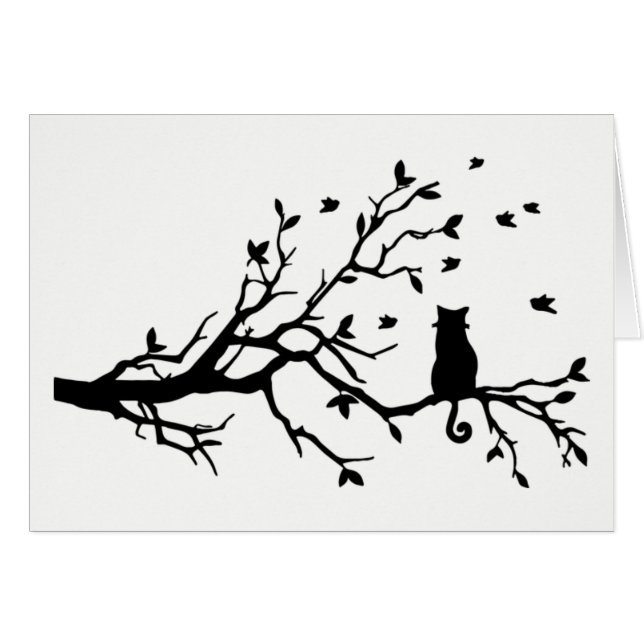 Gato blanco y negro con los pájaros en un árbol (Anverso (Horizontal))