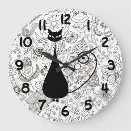 Gato blanco y negro en reloj de pared del jardín