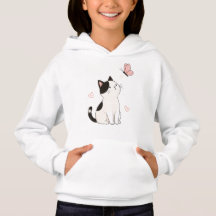 Gato blanco y negro lindo con mariposa rosa 