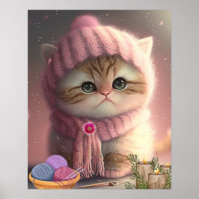 Gato Bonito con Gorro de Punto Rosa y Bufanda Arte (Frente)