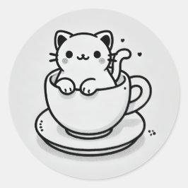 Gato Bonito en Taza de Té Pegatina Redonda