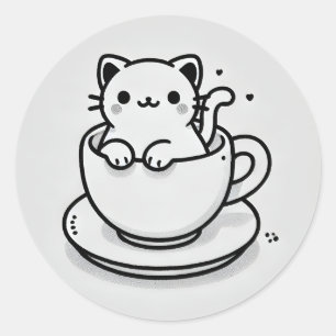 Gato Bonito en Taza de Té Pegatina Redonda