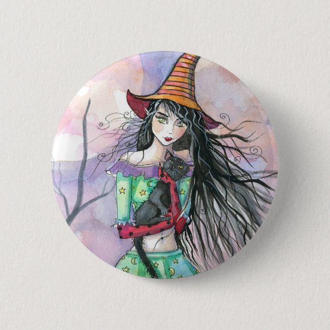 Gato Bruja de Halloween Broche de Botón (Anverso)