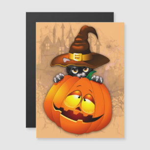 Gato bruja lindo de Halloween y amigo calabaza 
