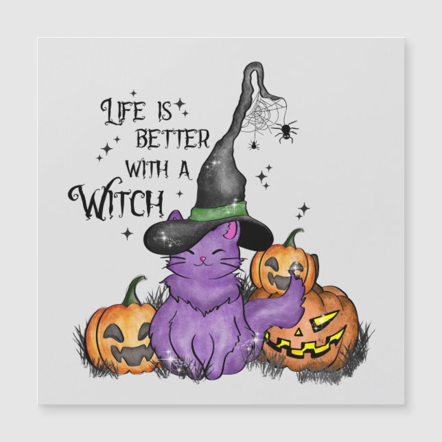 Gato bruja morado lindo con Jack-O'-Lanterns (Anverso)