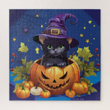 Gato Bruja Negra en Rompecabezas de Calabaza Cuadr