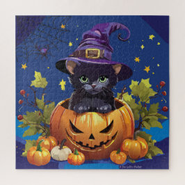 Gato Bruja Negra en Rompecabezas de Calabaza Cuadr