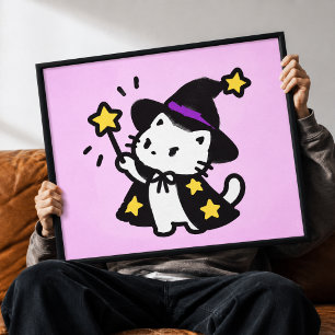 Gato Brujo Mágico Kawaii Arte de Lienzo de Pared