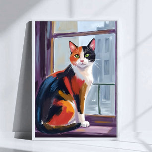 Gato Calico   Arte de Mascota de Ventana en Acuare