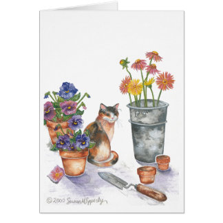 Gato Calico Pansies Daisies Acuarela "Don Juan"