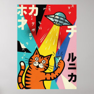 Gato colorido de arte pop con ilustración de ovni 