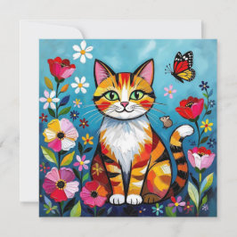 Gato Colorido, Flores y Mariposa