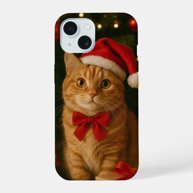 Gato con cinta de Santa funda para iPhone 15 (Reverso )