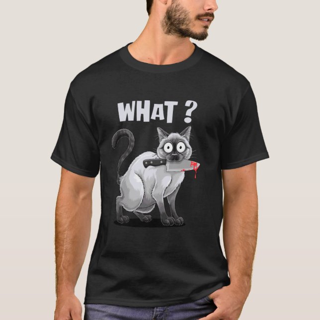 Gato con Cuchillo Camiseta Divertida de Gatos Meme (Anverso)