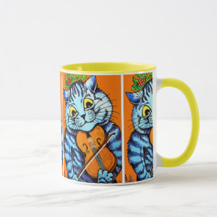 Gato con el violín por la taza de Louis Wain