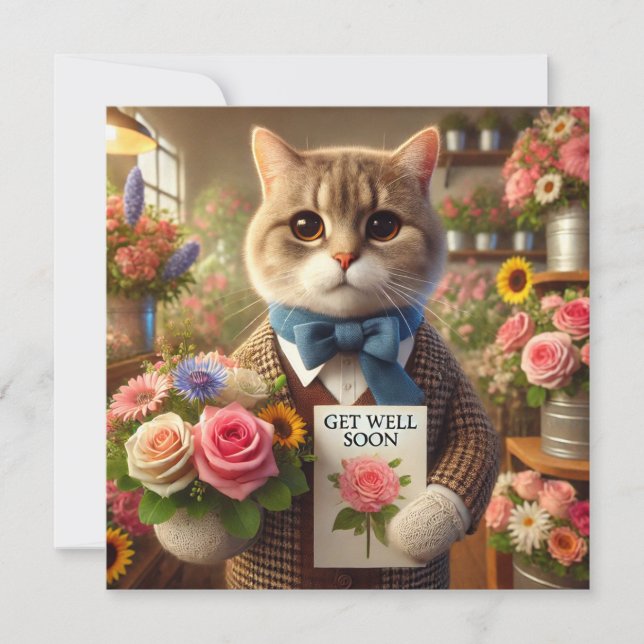 Gato con flor con tarjeta Get well Pronto (Anverso)