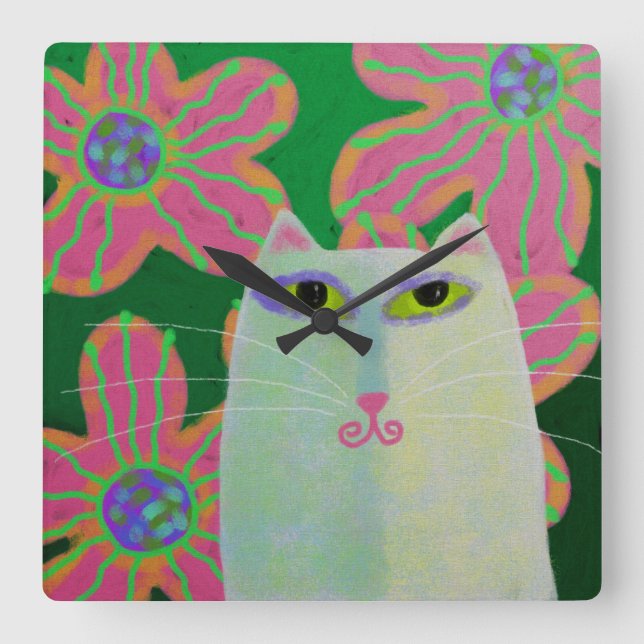 Gato con flores Resumen de reloj de pared de Art S (Anverso)