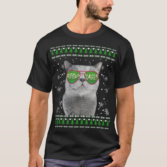 Gato con gafas de sol Navidades feos suéter (Anverso)