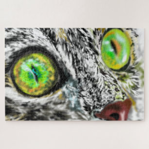 Gato con regalo de rompecabezas de ojos verdes