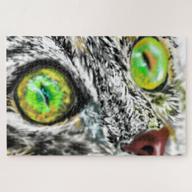 Gato con regalo de rompecabezas de ojos verdes (Horizontal)