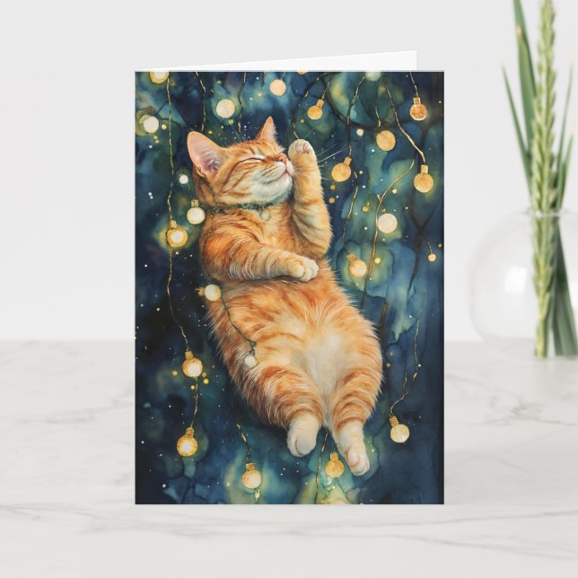 Gato con tarjeta de saludo de luces de hadas enmar (Anverso)