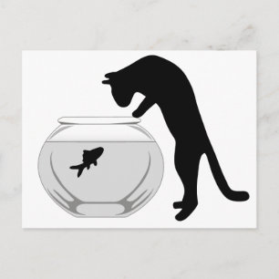 Gato con tarjeta postal del bol de pescado